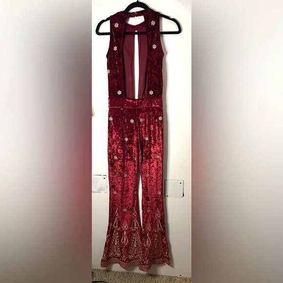 LENNI The Label Chromatic Velvet Jumpsuit in Wine Red Size XS - Picture 5 of 12
